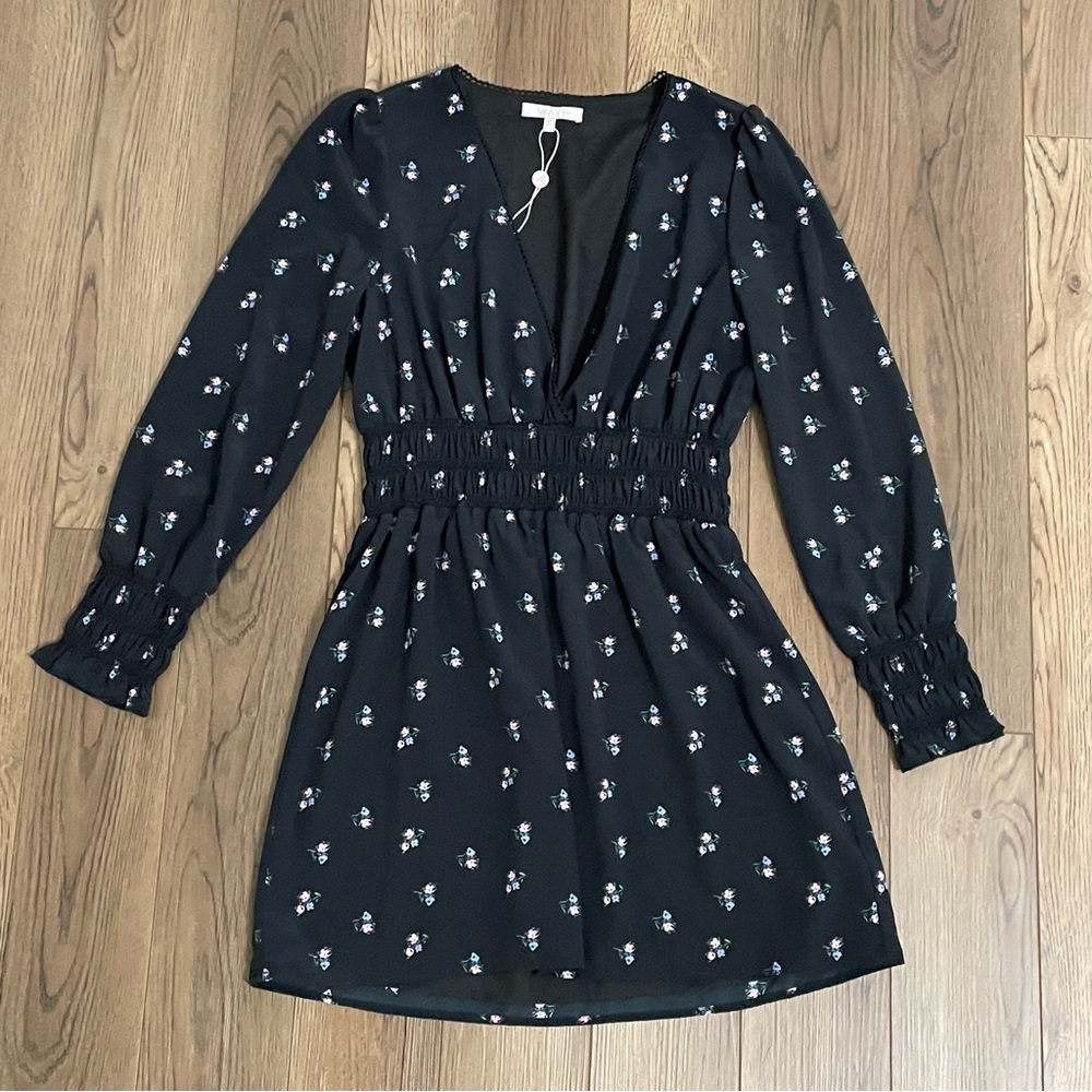 WAYF Delancy Smocked Waist Black Mini Dress with Ditsy Floral Print NWOT